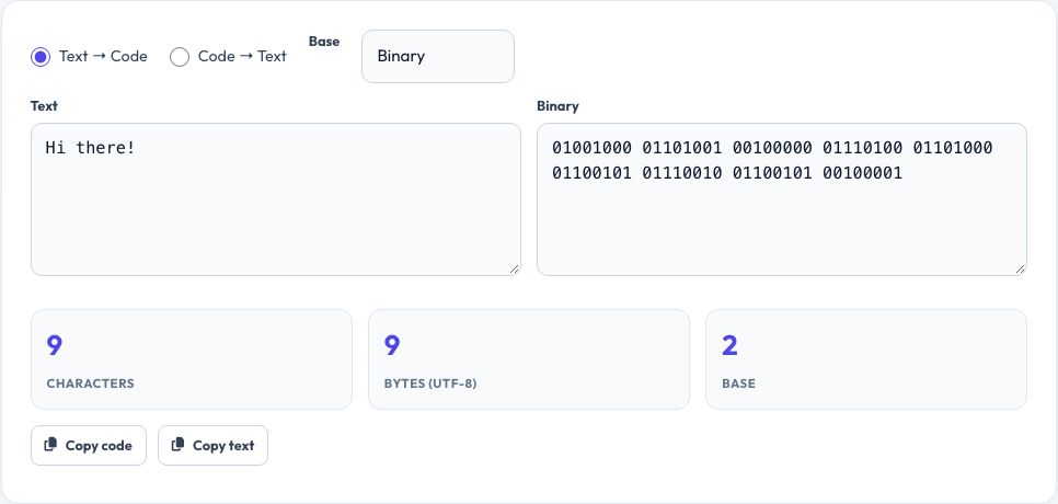 Screenshot of the free Binary / Hex / ASCII Text Translator tool on AZRS QuickFix