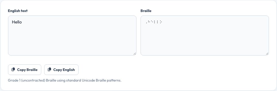 Screenshot of the free Braille Translator tool on AZRS QuickFix