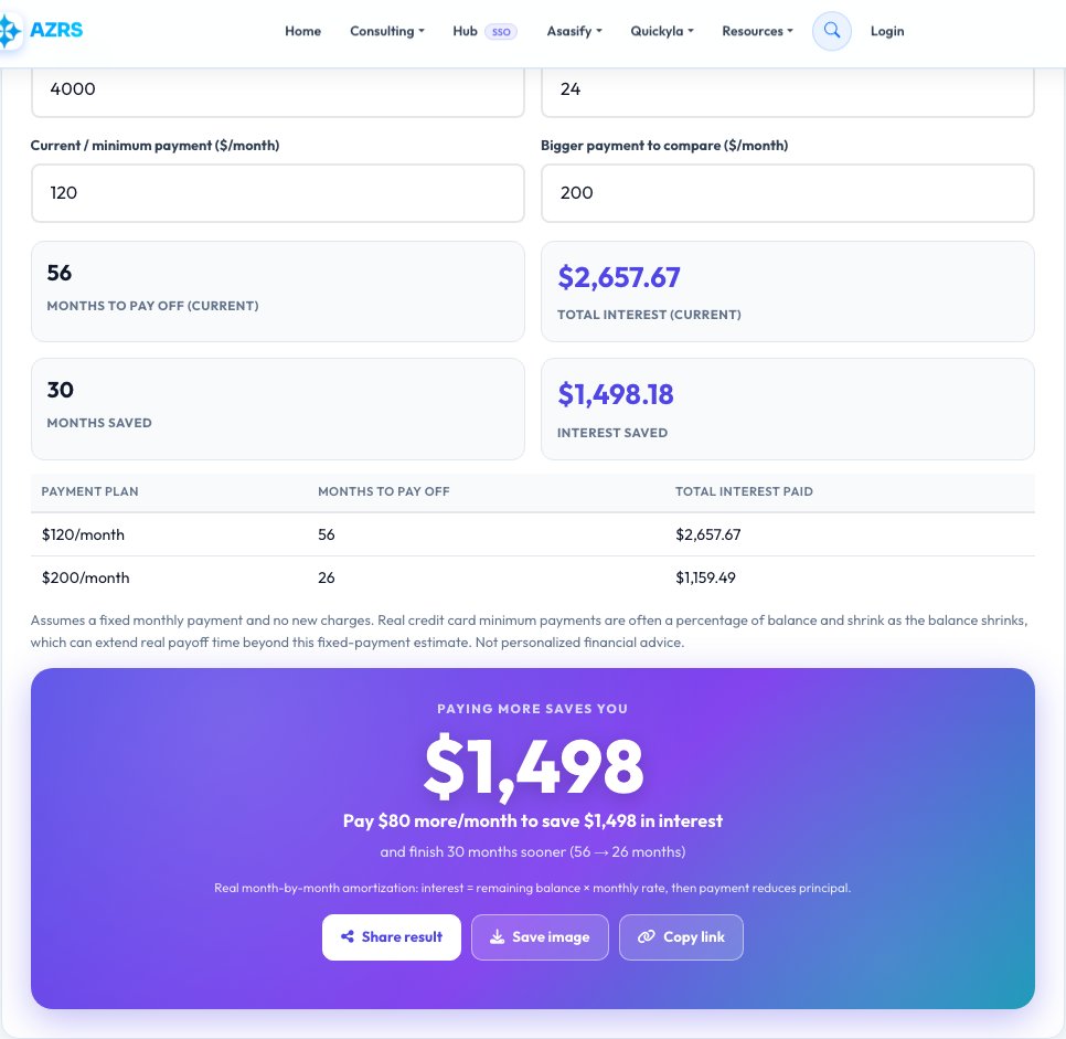 Screenshot of the free Credit Card Payoff Calculator — Minimum vs Bigger Payment tool on AZRS QuickFix