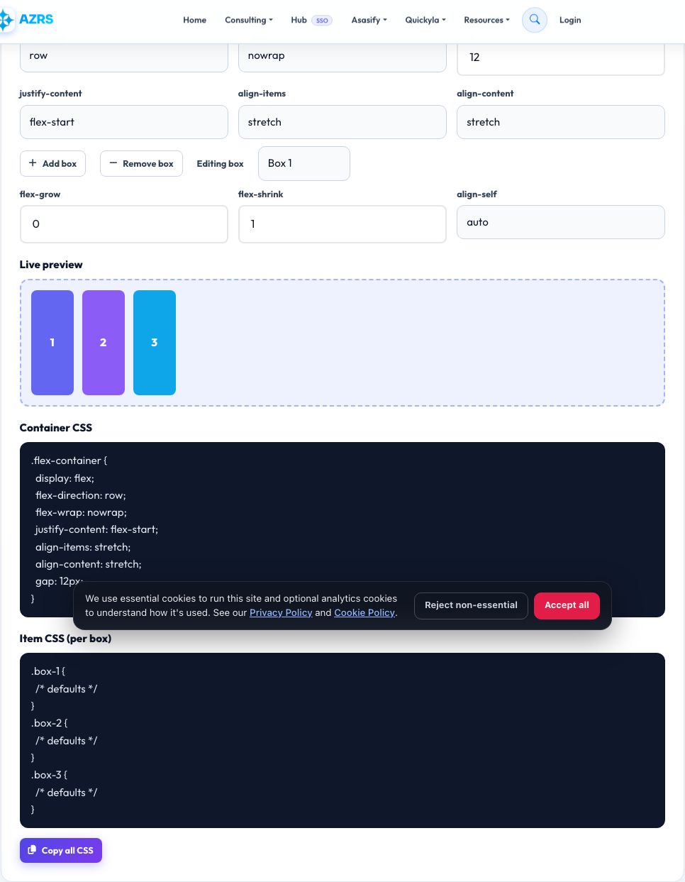 Screenshot of the free CSS Flexbox Playground & Generator tool on AZRS QuickFix