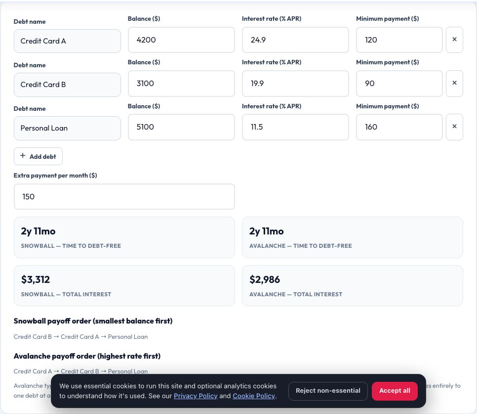 Screenshot of the free Debt Payoff Calculator (Snowball vs Avalanche) tool on AZRS QuickFix