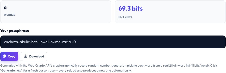 Step 2 — Diceware Passphrase Generator result
