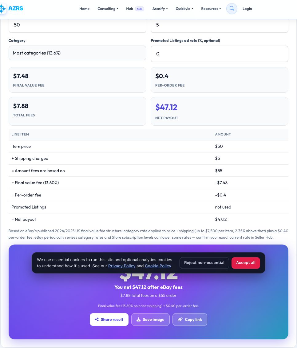 Screenshot of the free eBay Fee Calculator tool on AZRS QuickFix
