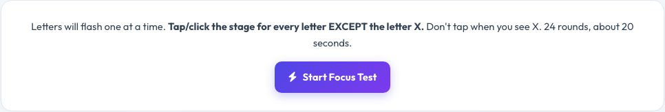 Screenshot of the free Focus Score Test — Real Timed Attention Test tool on AZRS QuickFix