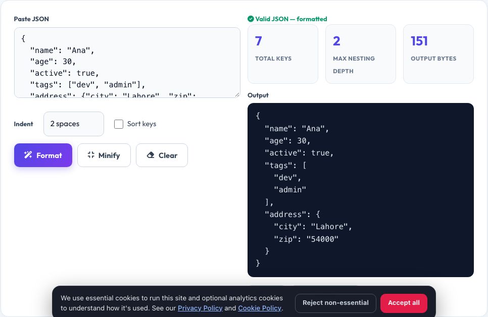 Screenshot of the free JSON Formatter, Validator & Beautifier tool on AZRS QuickFix