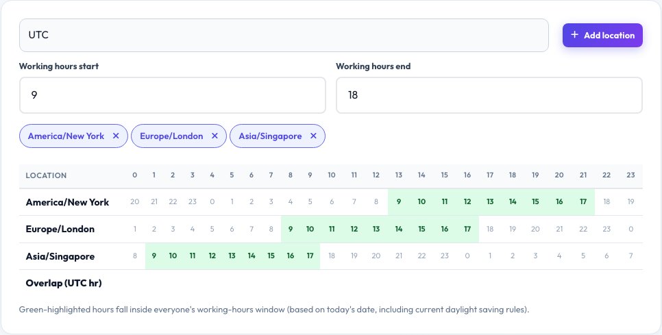 Screenshot of the free Meeting Time Planner Across Time Zones tool on AZRS QuickFix