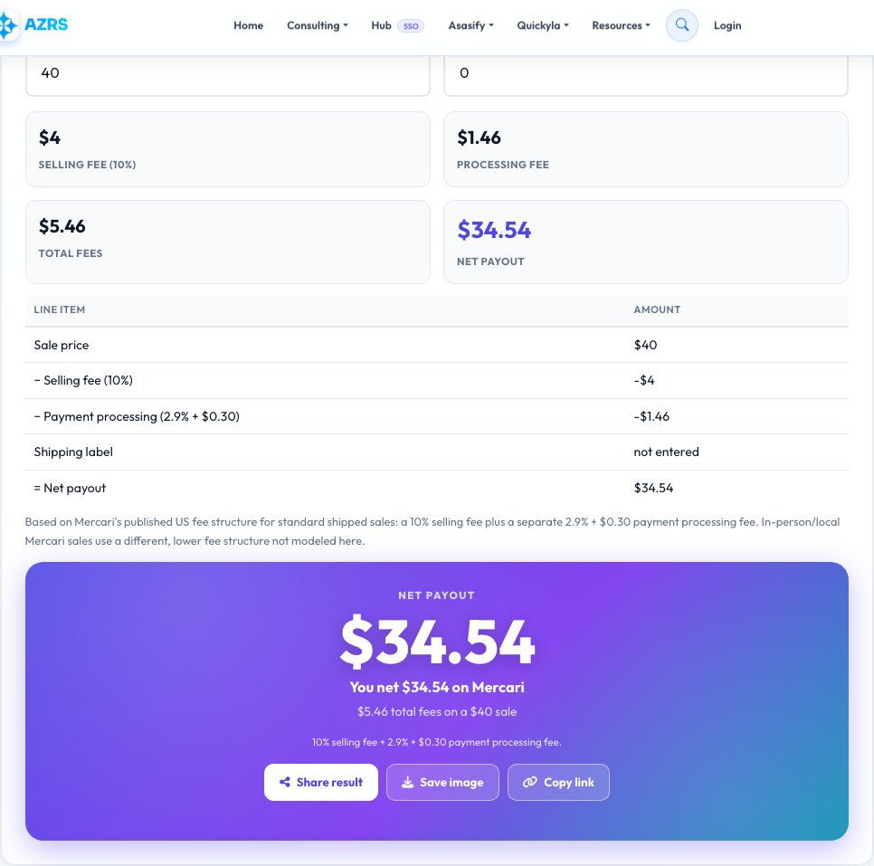 Screenshot of the free Mercari Fee Calculator tool on AZRS QuickFix