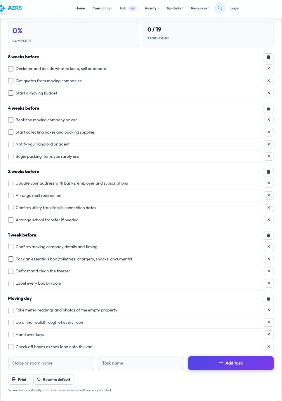 Screenshot of the free Moving Checklist Generator tool on AZRS QuickFix