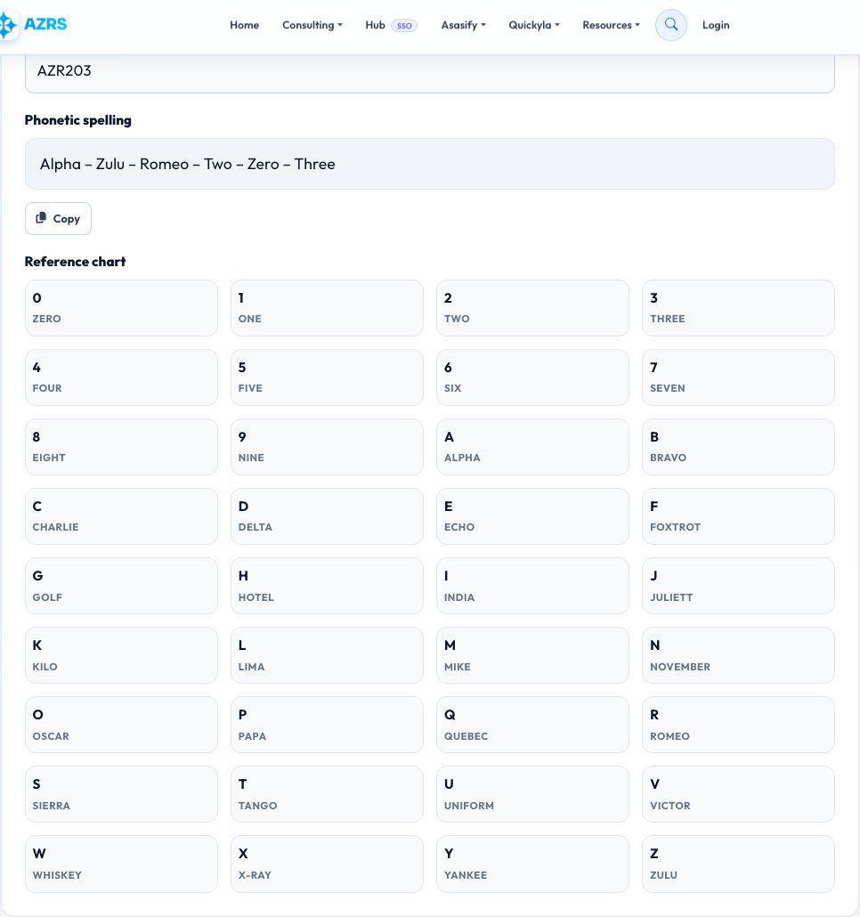 Screenshot of the free NATO Phonetic Alphabet Translator tool on AZRS QuickFix