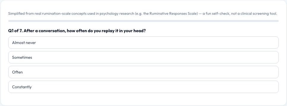 Screenshot of the free Overthinking Score — Rumination Self-Check tool on AZRS QuickFix