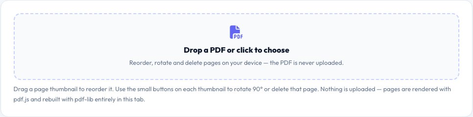 Screenshot of the free PDF Page Organizer (Reorder, Rotate & Delete) tool on AZRS QuickFix