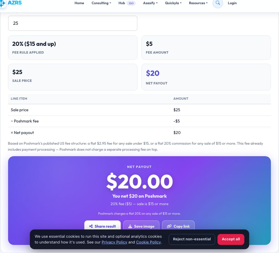 Screenshot of the free Poshmark Fee Calculator tool on AZRS QuickFix