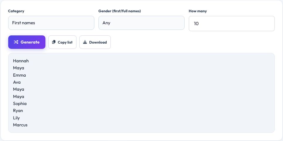 Screenshot of the free Random Name & Username Generator tool on AZRS QuickFix