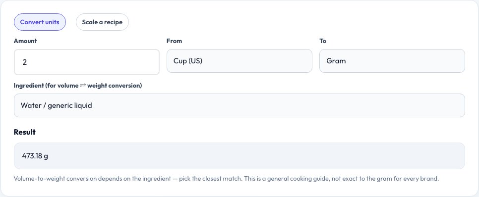 Screenshot of the free Recipe Unit Converter & Scaler tool on AZRS QuickFix