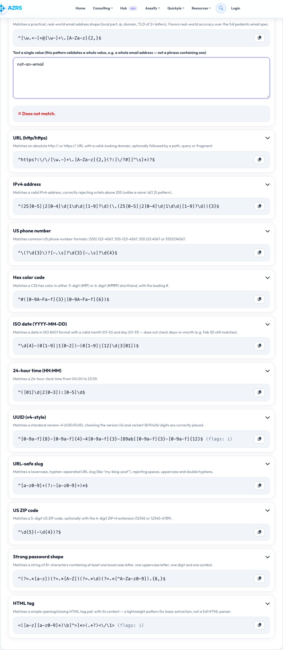 Screenshot of the free Regex Pattern Library & Tester tool on AZRS QuickFix