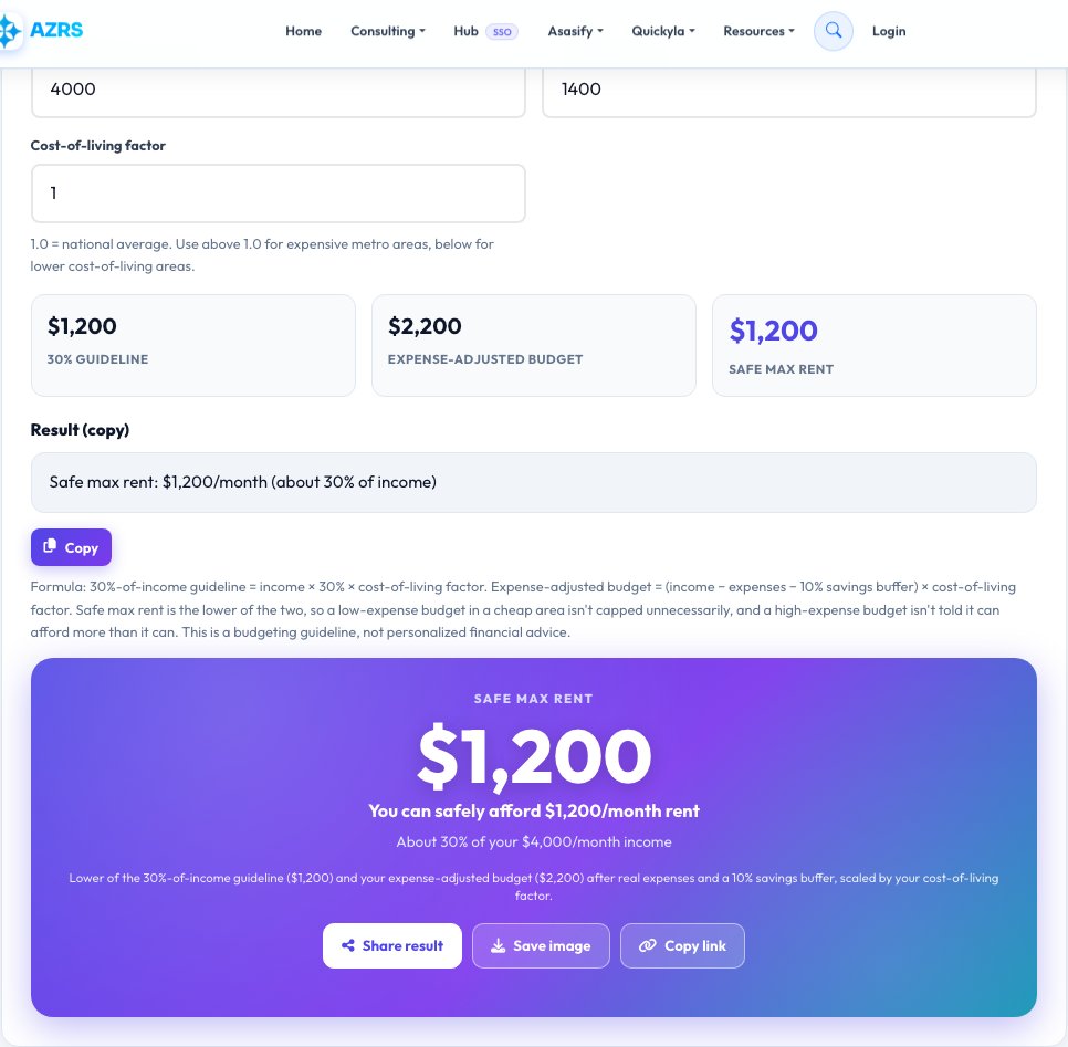 Step 1 — starting Rent Affordability Calculator — How Much Rent Can I Afford? on AZRS QuickFix