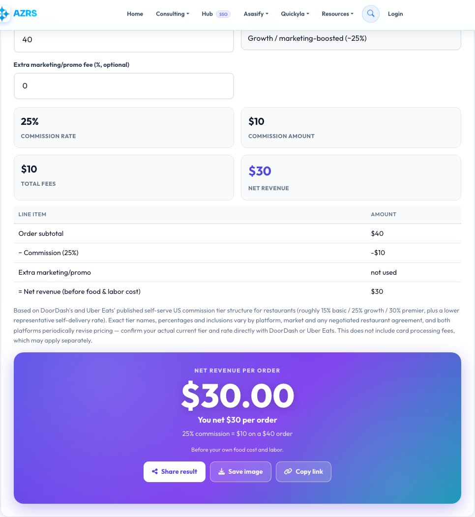 Screenshot of the free DoorDash / Uber Eats Commission Calculator tool on AZRS QuickFix