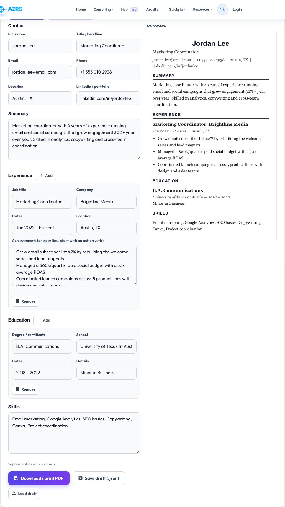 Screenshot of the free Resume / CV Builder + ATS Score Checker tool on AZRS QuickFix
