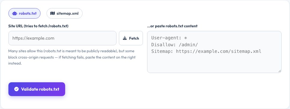 Screenshot of the free Robots.txt & Sitemap.xml Validator tool on AZRS QuickFix