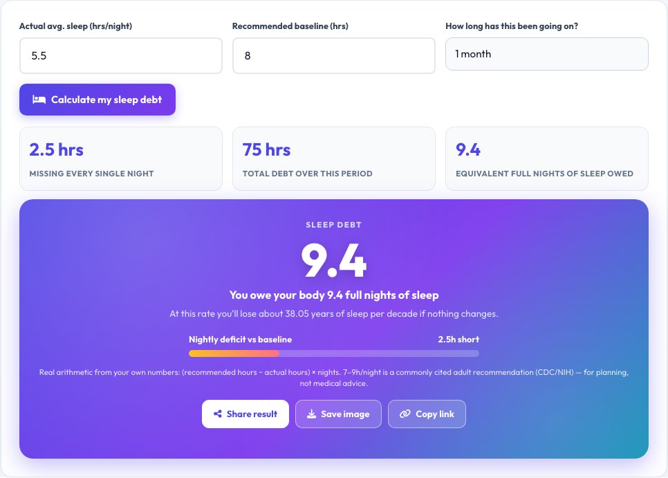 Screenshot of the free Sleep Debt Calculator — Real Nights Owed tool on AZRS QuickFix