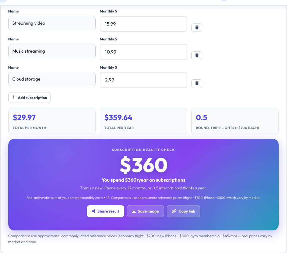 Screenshot of the free Subscription Cost Reality Check tool on AZRS QuickFix