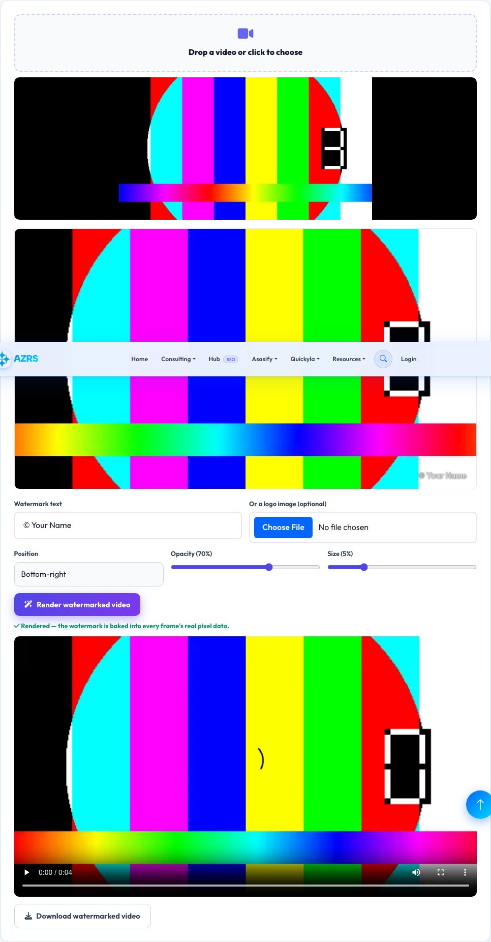 Screenshot of the free Video Watermark Tool tool on AZRS QuickFix