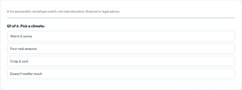 Screenshot of the free Where Should You Live? Personality Archetype Match tool on AZRS QuickFix