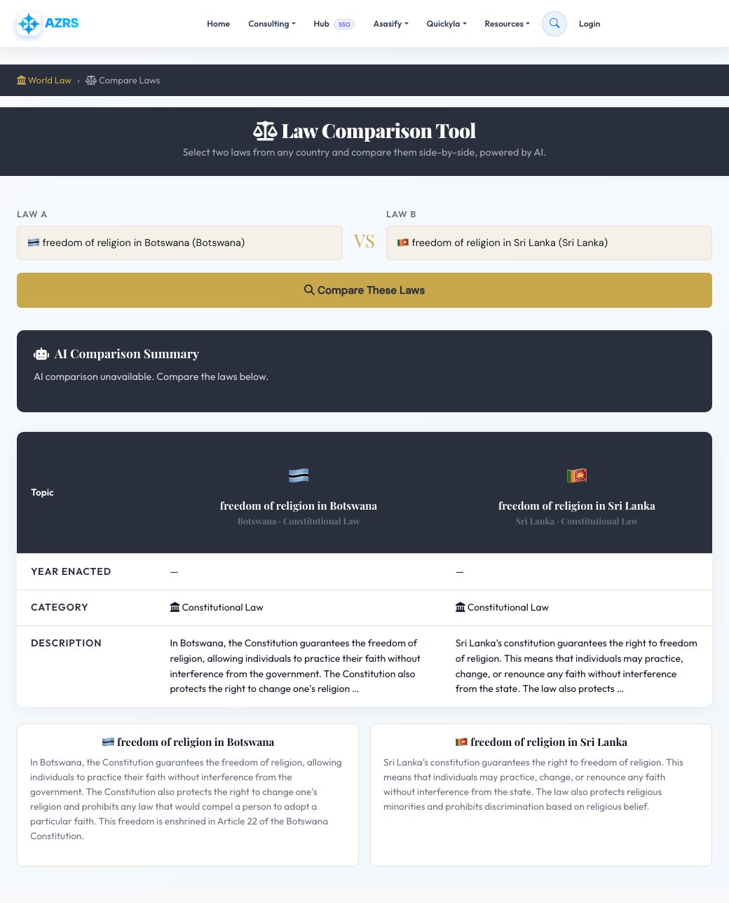 Screenshot of the free Compare Laws Side-by-Side — AI-Powered Legal Comparison tool on AZRS QuickFix