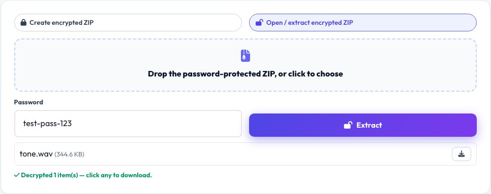 Screenshot of the free Password-Protected ZIP Creator & Extractor tool on AZRS QuickFix